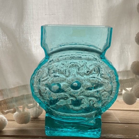 Sea Glasbruk Kosta Sweden Blue Texturized Blue Teal Wavy Art Glass Vase MCM - Picture 8 of 10